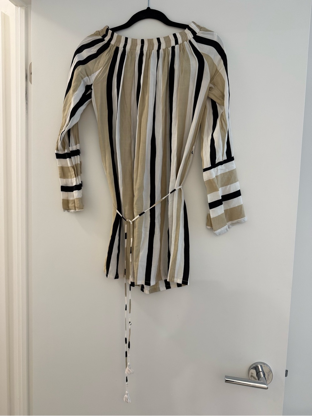 Faithfull the Brand Beige Black White Striped Mini Dress